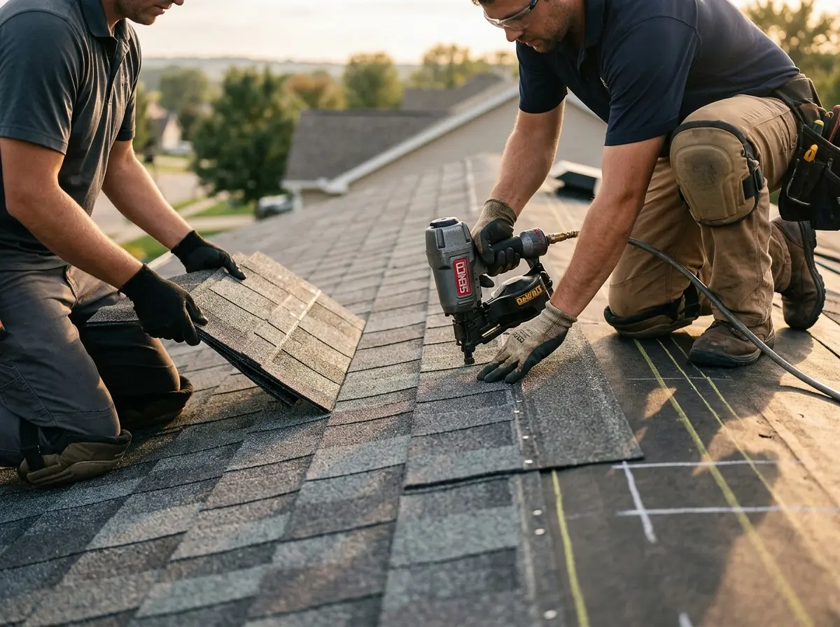 Professional roofer working on a residential roof in Port Neches